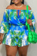 Turquoise Fashion Casual Print Bandage Off the Shoulder Regular Romper