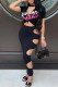 Black Sexy Print Hollowed Out Patchwork O Neck Short Sleeve Two Pieces