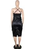 Red Sexy Solid Tassel Hollowed Out Patchwork Asymmetrical Halter One Step Skirt Dresses