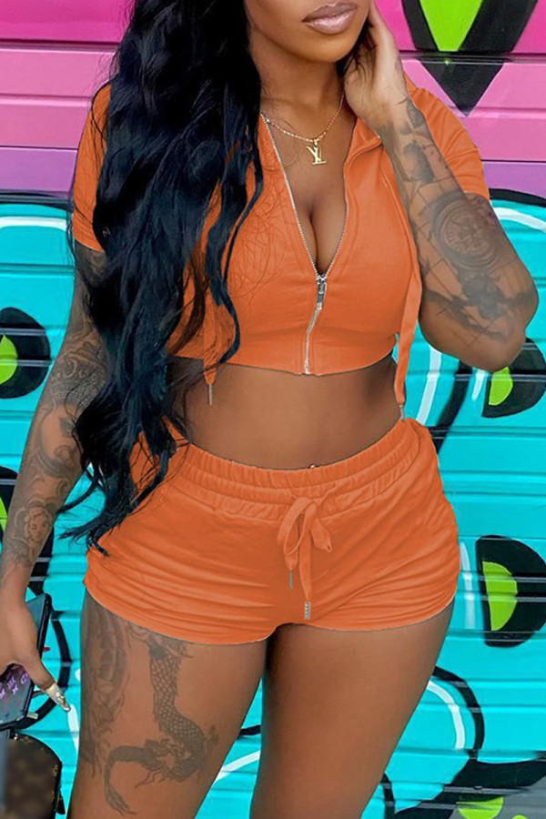Orange Fashion Casual Solid Basic Zipper Collar Short Sleeve Two Pieces