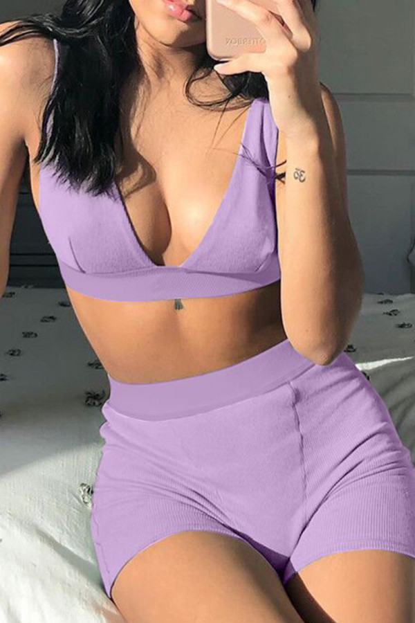 Purple Sexy Casual Solid Basic V Neck Sleeveless Two Pieces