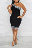 Black Fashion Sexy Print Party One Shoulder Straight Dresses
