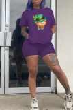 Purple Fashion Casual Print Basic O Neck Short Sleeve Two Pieces