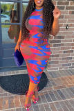 Red Fashion Sexy Print See-through O Neck Sleeveless Dress Dresses