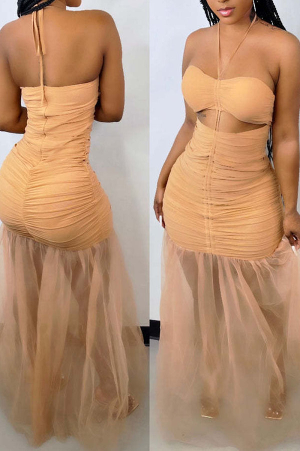 Apricot Sexy Solid Hollowed Out Patchwork Backless Halter Mesh Dress Dresses