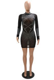 Black Fashion Sexy Patchwork Hot Drilling See-through Half A Turtleneck Long Sleeve Dresses