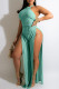 Green Fashion Sexy Solid Bandage Backless Slit O Neck Regular Jumpsuits