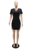 Pink Fashion Sexy Solid Hollowed Out Patchwork V Neck Short Sleeve Dress
