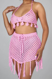 Pink Fashion Sexy Solid Tassel Bandage Hollowed Out Backless Swimwears (Without Paddings)