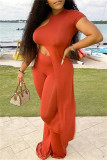 Orange Fashion Casual Solid Hollowed Out Asymmetrical O Neck Short Sleeve Two Pieces