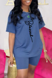 Pink Fashion Casual Print Basic O Neck Short Sleeve Two Pieces