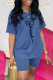 Light Blue Fashion Casual Print Basic O Neck Short Sleeve Two Pieces