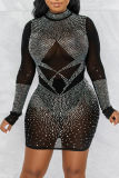 Black Fashion Sexy Patchwork Hot Drilling See-through Half A Turtleneck Long Sleeve Dresses