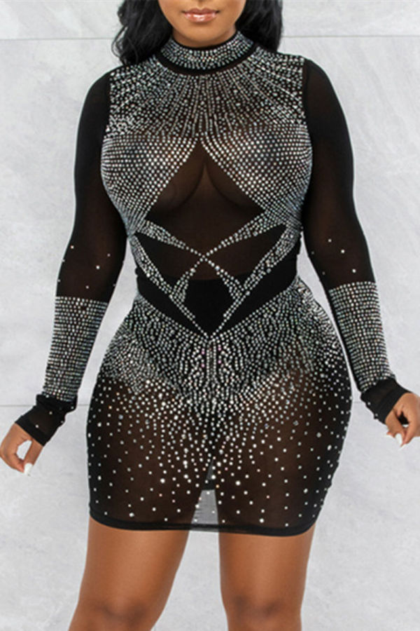 Black Fashion Sexy Patchwork Hot Drilling See-through Half A Turtleneck Long Sleeve Dresses