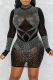 Black Fashion Sexy Patchwork Hot Drilling See-through Half A Turtleneck Long Sleeve Dresses