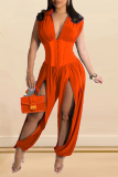 Blue Sexy Solid Patchwork V Neck Harlan Jumpsuits
