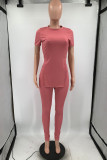 Pink Fashion Casual Solid Patchwork Slit O Neck Short Sleeve Two Pieces