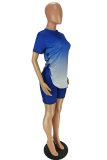 Blue Casual Gradual Change Patchwork O Neck Short Sleeve Two Pieces