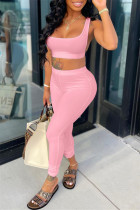 Pink Sexy Casual Solid Vests Pants U Neck Sleeveless Two Pieces