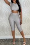 Silver Fashion Casual Solid Bandage Backless O Neck Short Sleeve Two Pieces