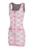 Pink Sexy Plaid Print Patchwork Buckle U Neck Pencil Skirt Dresses