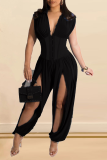 Blue Sexy Solid Patchwork V Neck Harlan Jumpsuits