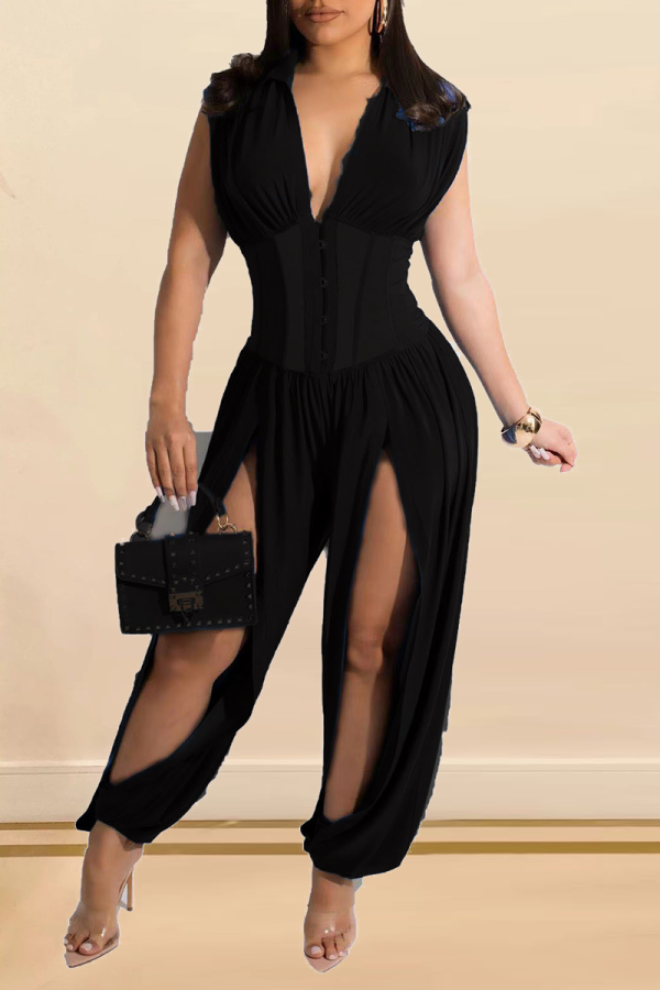 Black Sexy Solid Patchwork V Neck Harlan Jumpsuits
