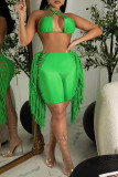 Blue Sexy Solid Tassel Patchwork Halter Sleeveless Two Pieces