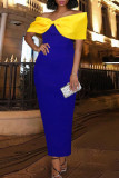Blue Fashion Sexy Solid Patchwork Slit With Bow Off the Shoulder Evening Dress
