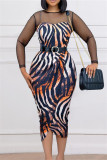 Blue Fashion Casual Patchwork Print See-through With Belt O Neck Long Sleeve Dresses