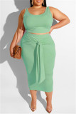 Green Sexy Casual Solid Bandage O Neck Plus Size Two Pieces