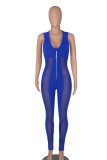 Colorful Blue Sexy Solid Split Joint See-through Zipper V Neck Regular Jumpsuits