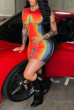 Tangerine Red Sexy Print Patchwork O Neck Pencil Skirt Dresses