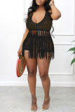 Red Sexy Solid Tassel Hollowed Out Patchwork Halter Sleeveless Two Pieces