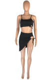 Black Fashion Sexy Solid Bandage Backless Spaghetti Strap Sleeveless Two Pieces