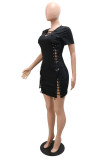 Pink Fashion Sexy Solid Hollowed Out Patchwork V Neck Short Sleeve Dress