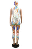 White Sexy Casual Print Vests Pants U Neck Sleeveless Three-piece Set (With Headscarf)