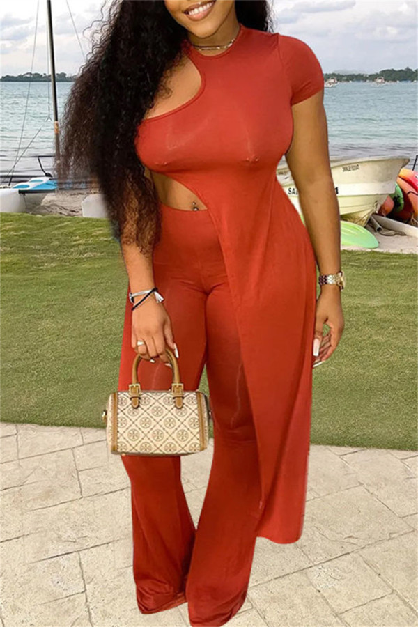 Orange Fashion Casual Solid Hollowed Out Asymmetrical O Neck Short Sleeve Two Pieces
