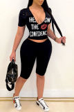 Black Fashion Casual Letter Lips Printed Ripped V Neck Short Sleeve Two Pieces