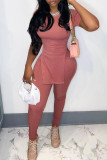Pink Fashion Casual Solid Patchwork Slit O Neck Short Sleeve Two Pieces