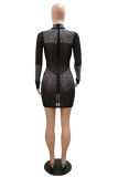 Black Fashion Sexy Patchwork Hot Drilling See-through Half A Turtleneck Long Sleeve Dresses