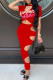 Red Sexy Print Hollowed Out Patchwork O Neck Short Sleeve Two Pieces