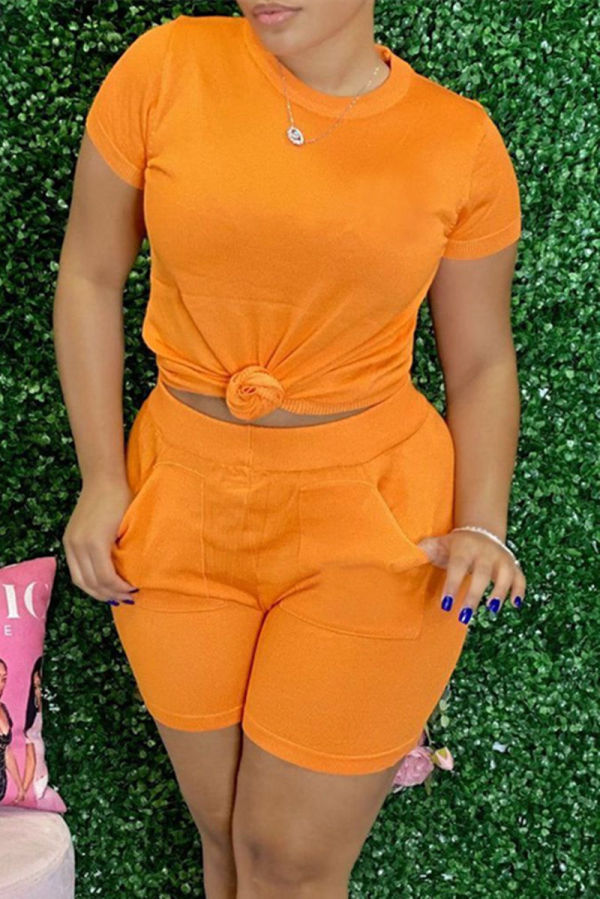 Orange Fashion Casual Solid Basic O Neck Short Sleeve Two Pieces