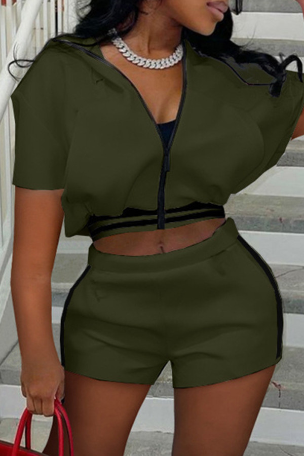 Army Green Fashion Casual Solid Patchwork Zipper Collar Short Sleeve Two Pieces