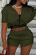 Army Green Fashion Casual Solid Patchwork Zipper Collar Short Sleeve Two Pieces