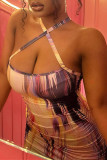 Multicolor Fashion Sexy Print Backless Halter Sleeveless Dress