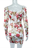 Multicolor Fashion Sexy Print Basic V Neck Long Sleeve Dresses