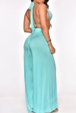 Light Blue Sexy Solid Bandage Patchwork Backless Slit Halter Sleeveless Two Pieces