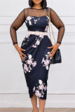 Blue Fashion Casual Patchwork Print See-through With Belt O Neck Long Sleeve Dresses