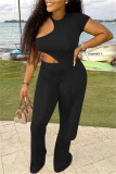 Orange Fashion Casual Solid Hollowed Out Asymmetrical O Neck Short Sleeve Two Pieces